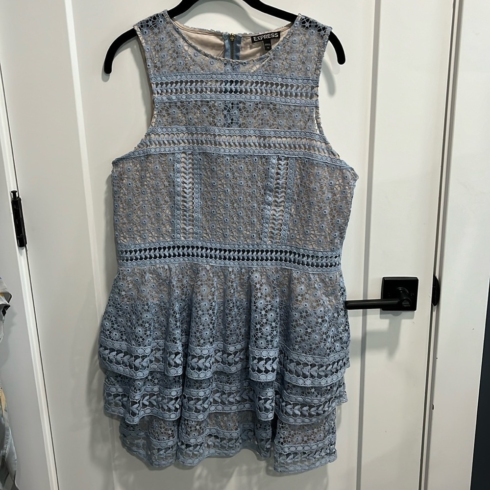 Express Baby Blue Tiered Ruffle Lace Sleeveless Dress EUC